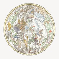 Celestial sphere collage element, vintage drawing artwork psd