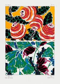 Vintage floral patterns, Art Nouveau flower pochoir stencil print for fabric and textile designs. Original from our own 1925 edition of Suggestions pour &eacute;toffes et tapis: 60 motifs en couleur" (Suggestions for stuffs and carpets: 60 color motifs) by E. A. S&eacute;guy 