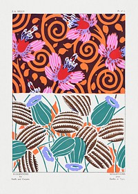 Vintage flower patterns, elegant Art Nouveau pochoir stencil print for fabric and textile designs. Original from our own 1925 edition of Suggestions pour étoffes et tapis: 60 motifs en couleur" (Suggestions for stuffs and carpets: 60 color motifs) by E. A. Séguy 