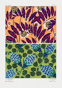 Vintage floral patterns, Art Nouveau flower pochoir stencil print for fabric and textile designs. Original from our own 1925 edition of Suggestions pour &eacute;toffes et tapis: 60 motifs en couleur" (Suggestions for stuffs and carpets: 60 color motifs) by E. A. S&eacute;guy 