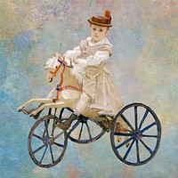 Boy riding on pony tricycle remix based on a painting by Claude Monet