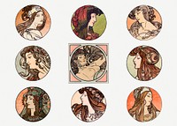 Lady art nouveau illustration psd set, remixed from the artworks of Alphonse Maria Mucha