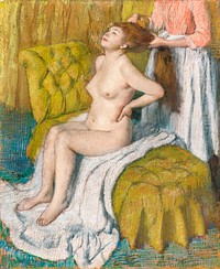 Nude lady with breast showing. Woman Having Her Hair Combed (ca. 1886&ndash;1888) painting in high resolution by <a href="https://www.rawpixel.com/search/edgar%20degas?sort=curated&amp;page=1">Edgar Degas</a>. Original from The MET Museum. Digitally enhanced by rawpixel.