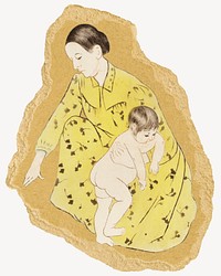 Mother and baby illustration, ripped paper collage element