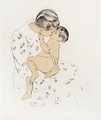 Mother's Kiss (1890-1891) by Mary Cassatt. Original portrait painting from The National Gallery of Art. Digitally enhanced by rawpixel.