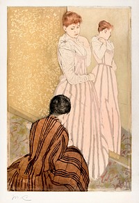 The Fitting (1890&ndash;91) by <a href="https://www.rawpixel.com/search/mary%20cassatt?sort=curated&amp;page=1">Mary Cassatt</a>. Original woman portrait painting from The Art Institute of Chicago. Digitally enhanced by rawpixel.