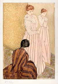 The Fitting (1890–91) by Mary Cassatt. Original woman portrait painting from The Art Institute of Chicago. Digitally enhanced by rawpixel.