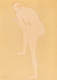 Naked woman bending over, vintage nude illustration. Figure Bending Forward with Right Knee Raised by <a href="https://www.rawpixel.com/search/Auguste%20Rodin?sort=curated&amp;page=1">Auguste Rodin</a>. Original from The National Gallery of Art. Digitally enhanced by rawpixel.