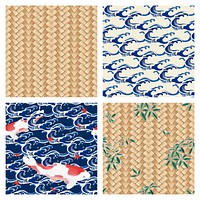 Vintage Japanese pattern background vector set, remix of artwork by Watanabe Seitei and Katsushika Hokusai
