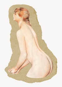 Naked woman illustration, Renoir-inspired vintage artwork, ripped paper badge, remixed by rawpixel