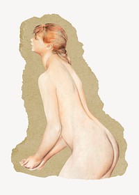Naked woman illustration, Renoir-inspired vintage artwork, ripped paper badge, remixed by rawpixel
