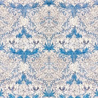 William Morris&#39;s vintage white poppy flower with blue leaves pattern illustration, famous pattern wallpaper design, remix from the original artwork