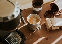 Aerial view of fresh coffee in a cup