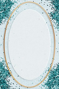 Gold shimmering oval frame design element on a baby blue background