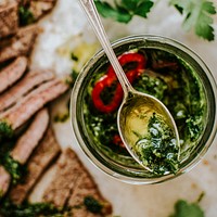 Homemade green pesto for grilled beef recipe