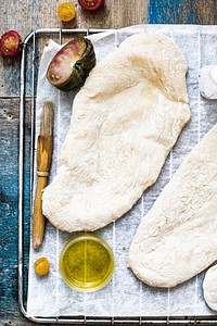 Closeup of fresh flatbread with olive oil