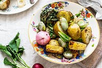Baked vegetables salad with cooked broad bean food photography aerial view