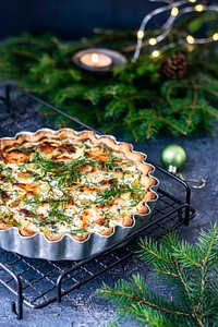 Homemade potato salmon tart with fresh dill