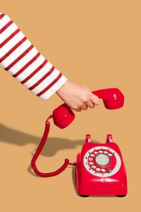 Woman answering an old retro telephone mockup 
