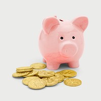 Pink piggy bank with bitcoins design resource