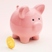 Pink piggy bank with a bitcoin design resource