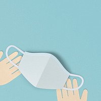 Hands with a face mask on a blue background social banner illustration