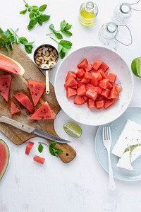 Watermelon salad recipe ingredient top view