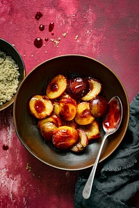 Roasted plums with brown sugar flat lay