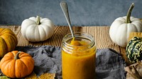 Organic pumpkin puree in glass jar pie ingredient closeup