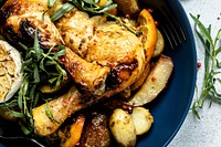 Roasted chicken with potatoes holiday dinner food photography