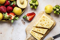 Fruit and apricot cheese flat lay