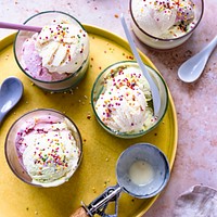 Dessert flat lay with ice cream and funfetti