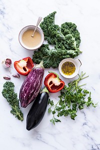 Raw vegetables for salad preparation flat lay food photography