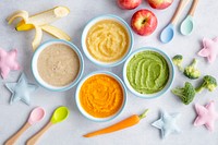 Healthy baby food vegetable puree organic recipe in bowls