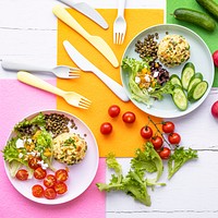 Pumpkin risotto, fresh salad lunch for kids