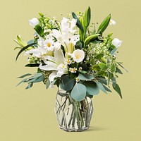 White flower bouquet in glass vase, isolated object design psd