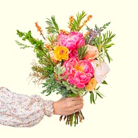 Hand holding flower bouquet, collage element psd