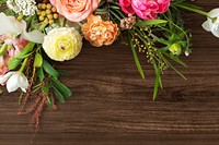 Flower border, wooden background, collage element psd