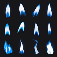 Blue flame sticker, realistic fire image vector set