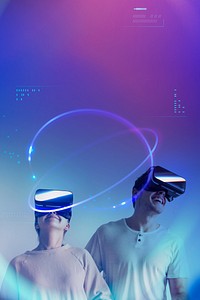 Happy couple experiencing metaverse, wearing the VR headsets