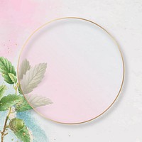 Hand drawn oak leaf pattern with round gold frame on pink background vector