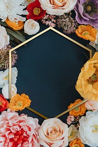 Golden colorful floral hexagon frame