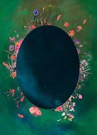 Oval blue frame with colorful botanical patterned on green background illustration