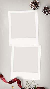 Blank photo frames mockup with Christmas decorations on cream background