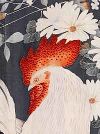 Rooster pattern on kimono fabric vintage illustration wall art print and poster design remix from original artwork.