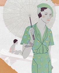 Woman with umbrella vintage illustration vector, remix from original artwork by M. Renaud.
