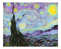 The Starry Night vintage illustration wall art print and poster design remix from original painting by Vincent Van Gogh.