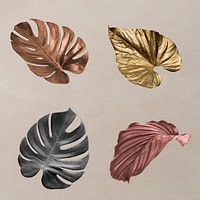 Metallic tropical leaf design element set vector