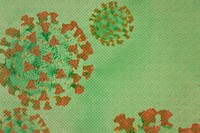 Coronavirus under a microscope on a green background illustration