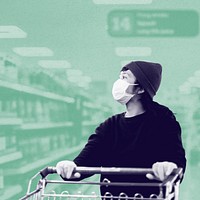 Woman with a face mask  buying food in a supermarket during coronavirus pandemic social template